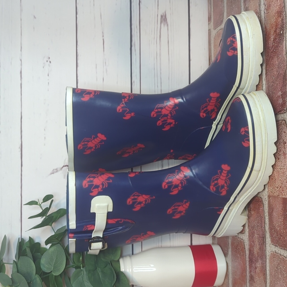 Rare Vintage‎ 90's Navy Blue Red Lobster Heavy Duty Rubber Rain Boots Women's 8